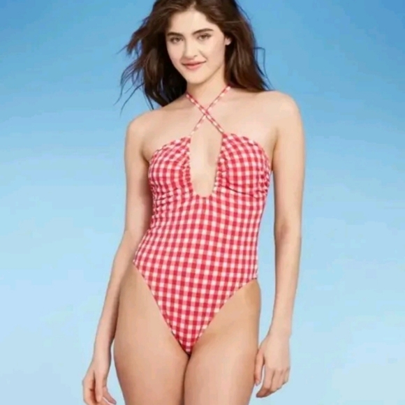 Wild Fable Womens Swimsuit Red Gingham Plaid Cross Halter High Leg - Picture 3 of 7